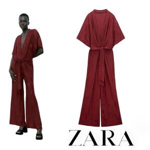 ZARA | Burgundy | SHORT SLEEVE JUMPSUIT WITH SURPLICE V-NECKLINE